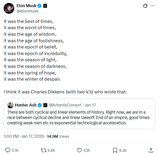 一条 Elon Musk 发布的推文。在该推文中,Musk 分享了《双城记》中的几句名言并附带了一条评论,下方还引用了另一条推文,讨论了历史的周期性与线性元素。