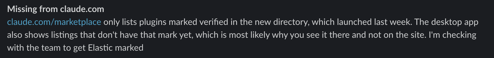 Anthropic Slack reply explaining claude.com/marketplace only lists Claude plugins marked verified