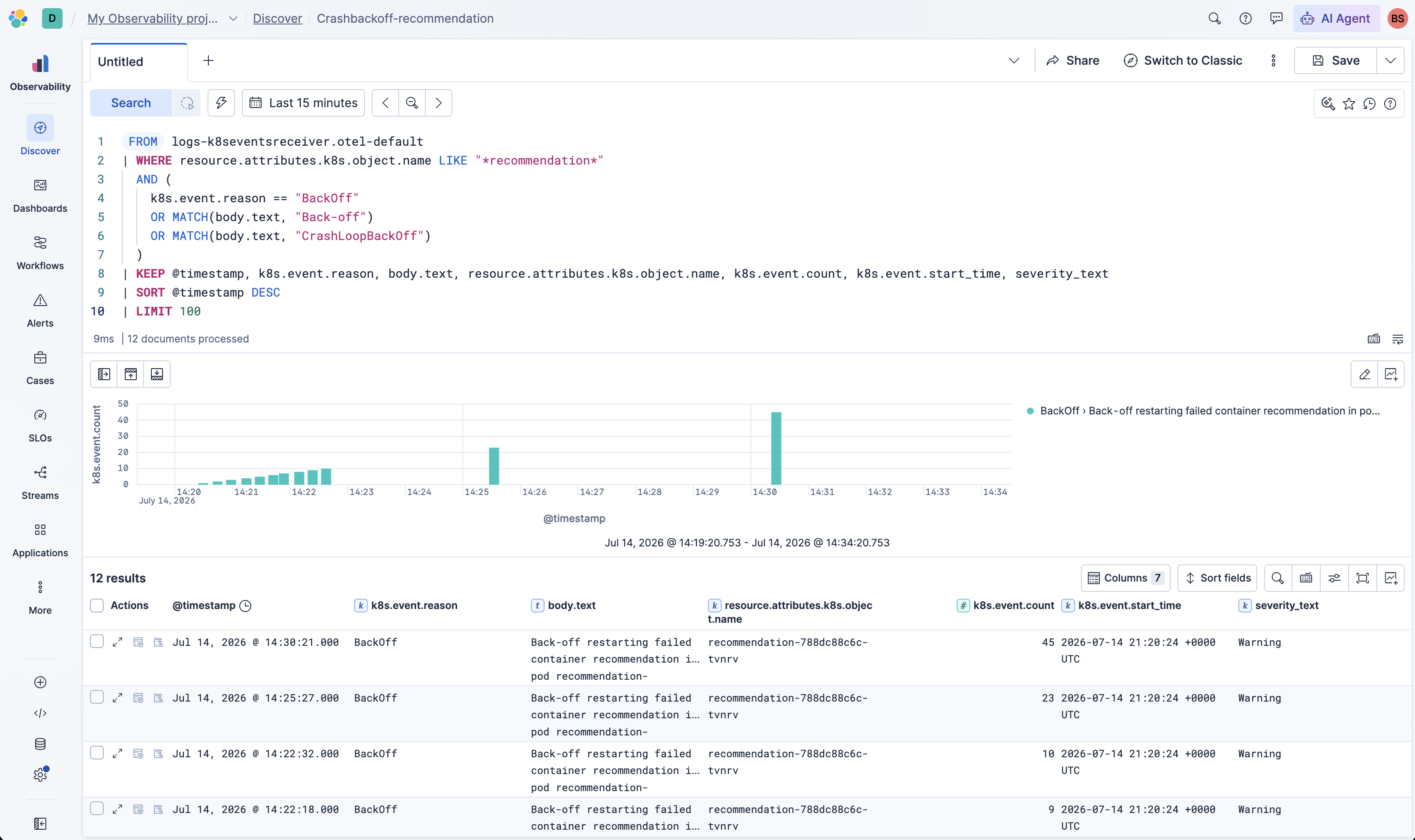 Discover in Elastic running an ES|QL query over Kubernetes events