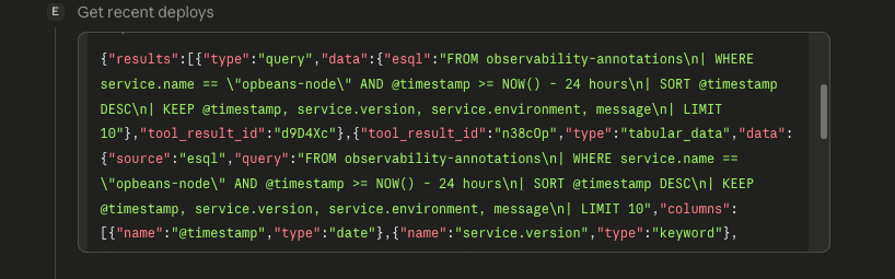 Agent calls get_recent_deploys and returns the recent deploy timeline for the service