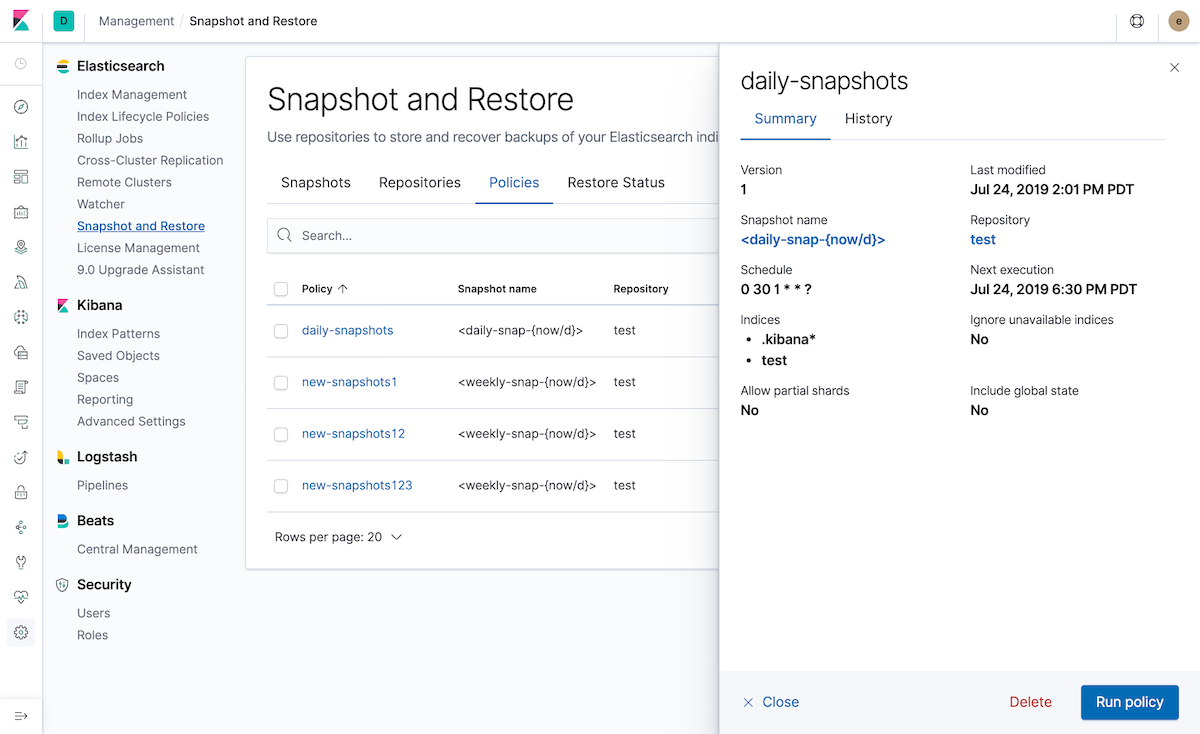 Snapshot and restore UI