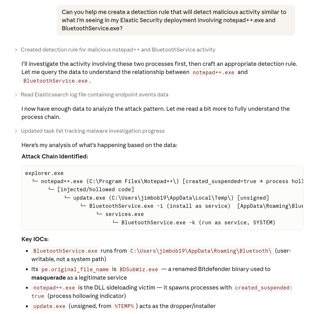 Agent progress initiating creation of conditional detection rules (Claude Code shown)