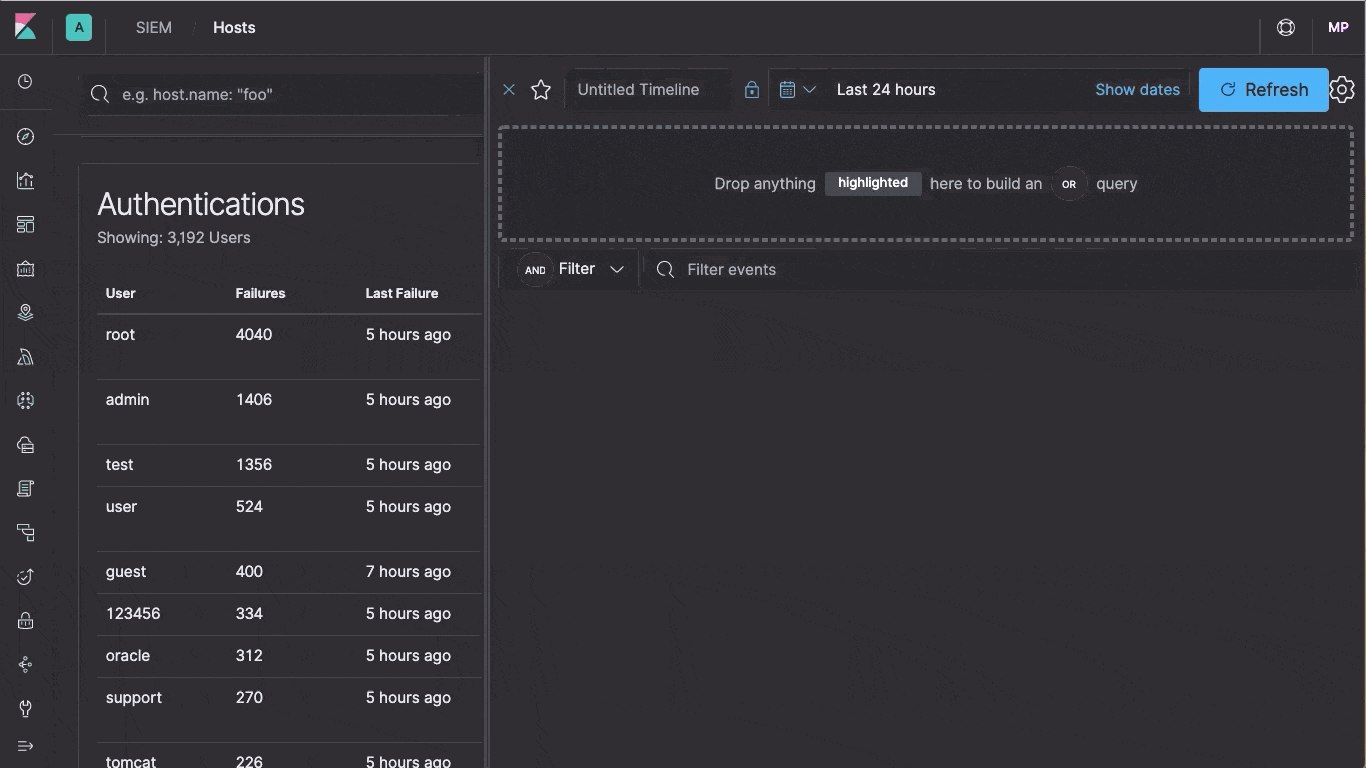 Visualizador de eventos de línea de tiempo en Elastic SIEM