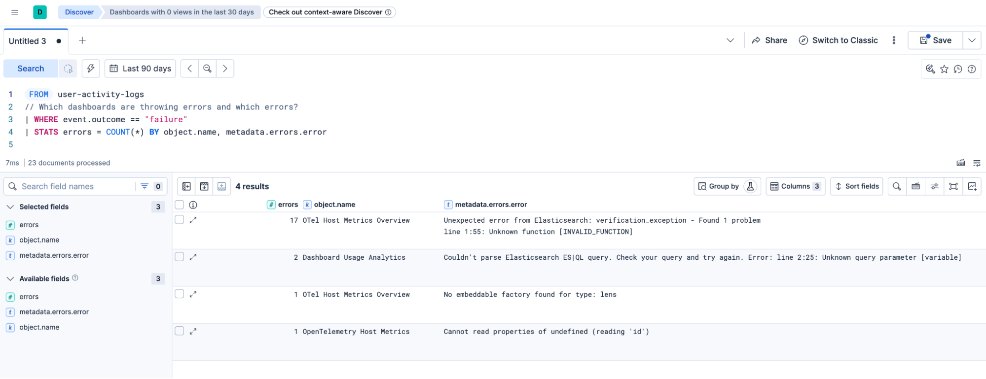 Dashboard activity logs showing failed dashboard refreshes grouped by error, with 17 errors on one dashboard