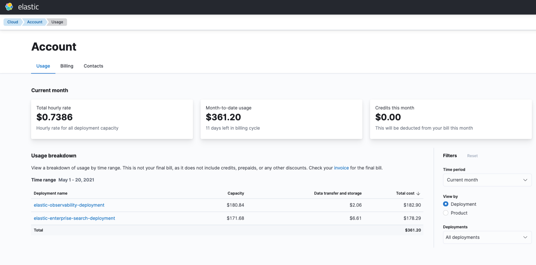 Screenshot of billing and usage overview