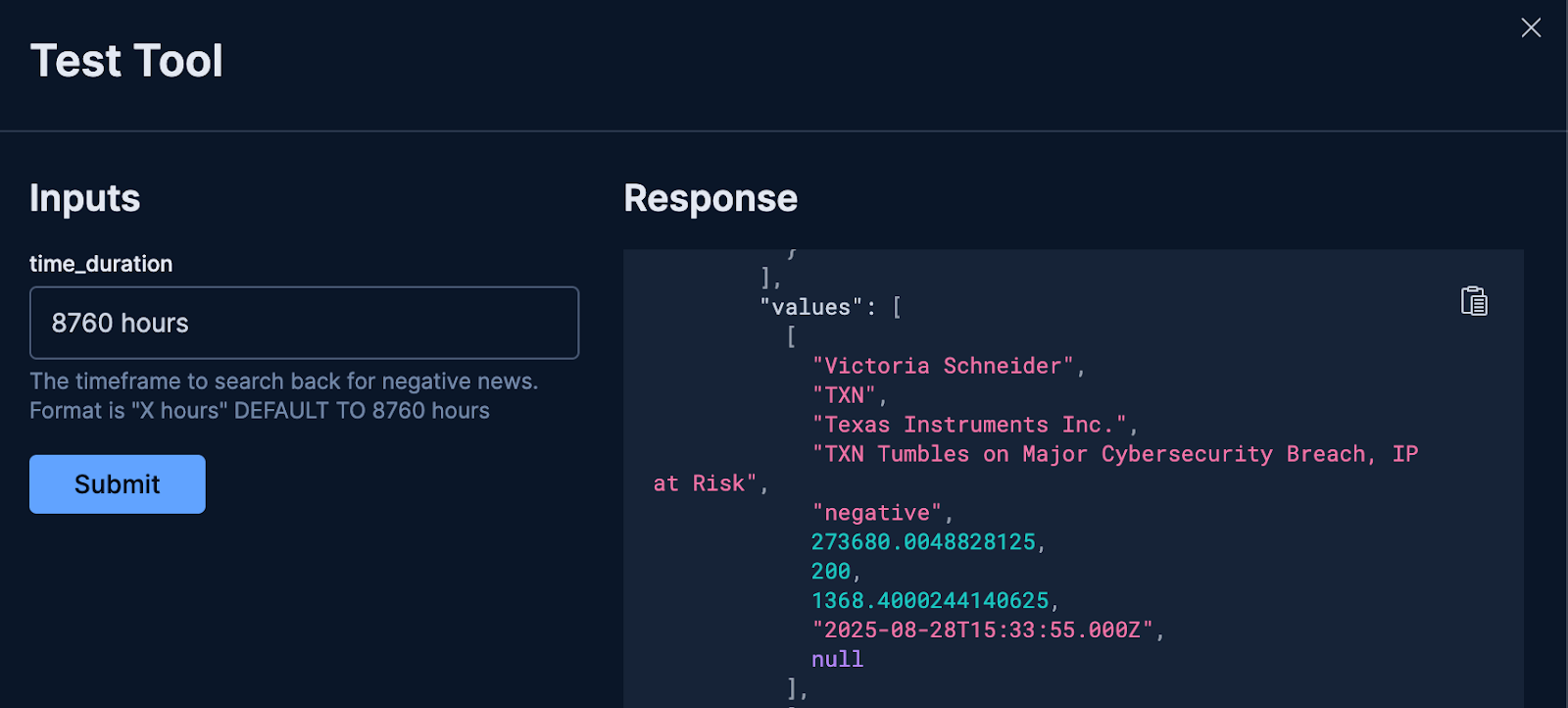 送信をクリックした後に表示される JSON 応答。