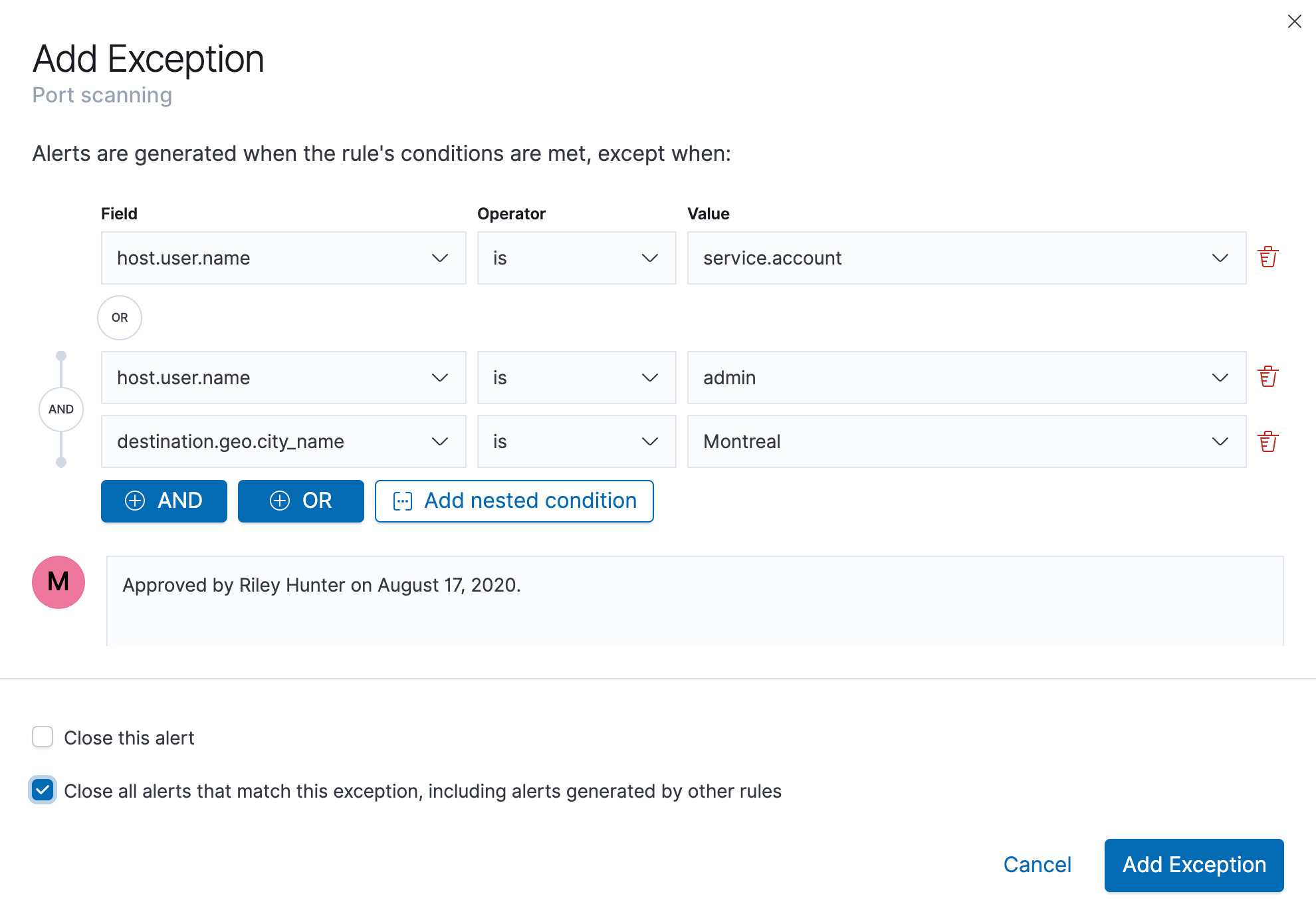 Adding an exception to an Elastic Security detection rule