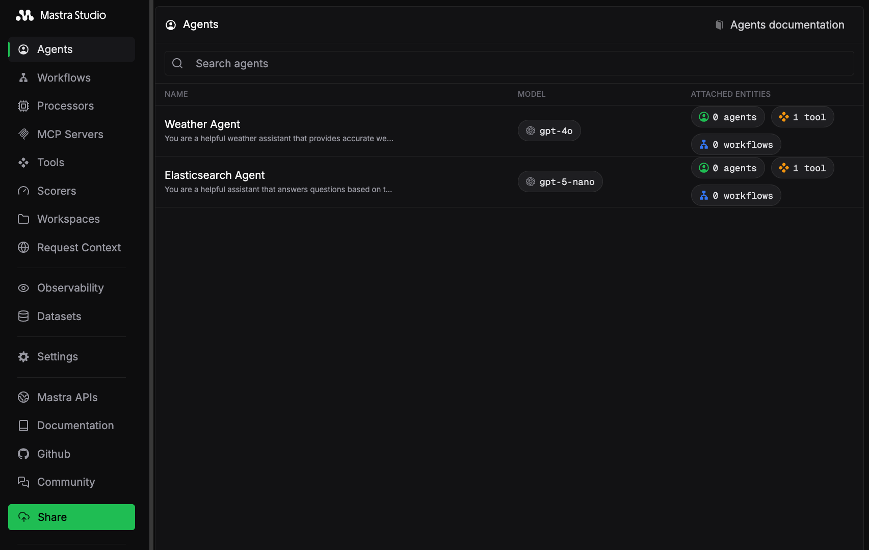 Mastra Studio 的屏幕截图,其中包含 Elasticsearch Agent 示例。