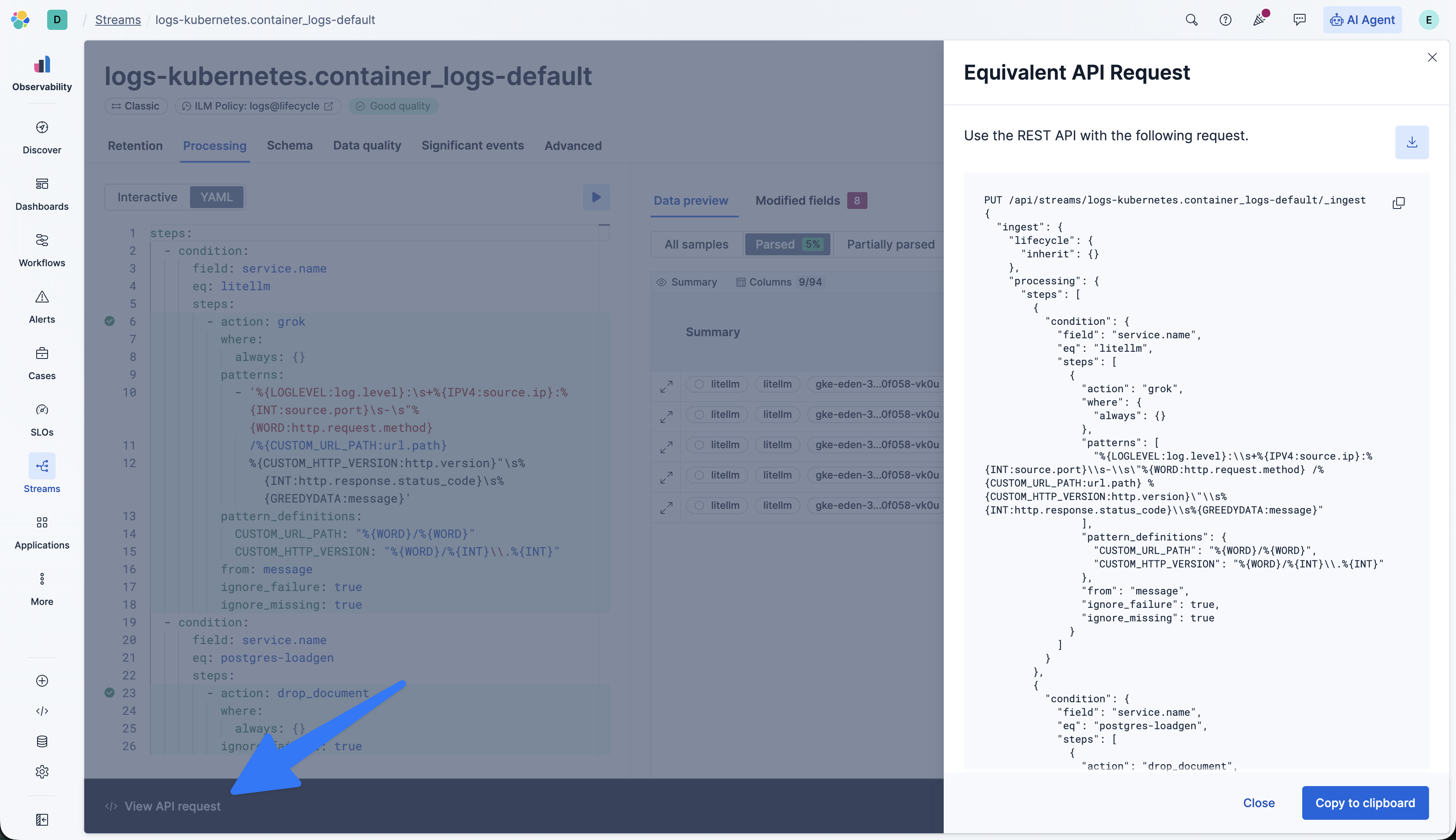 Equivalent API request panel for automating Streams processing