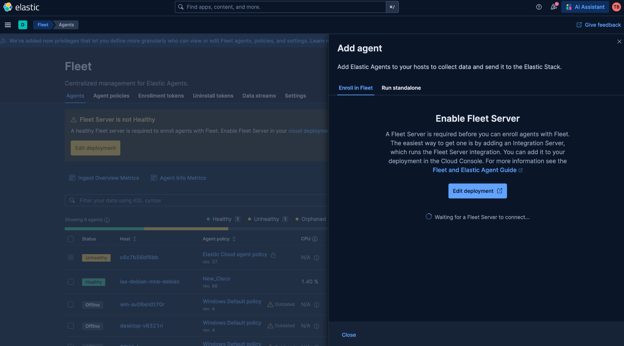 Kibana Fleet Add Agent screen showing Elastic Agent installation command