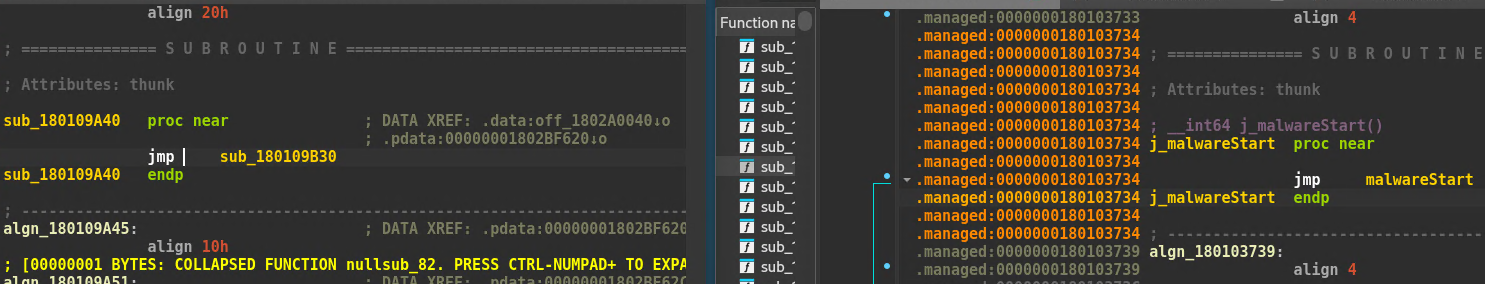  Side-by-side IDA disassembly comparing the jmp thunk entry point in our POC DLL and the malware.