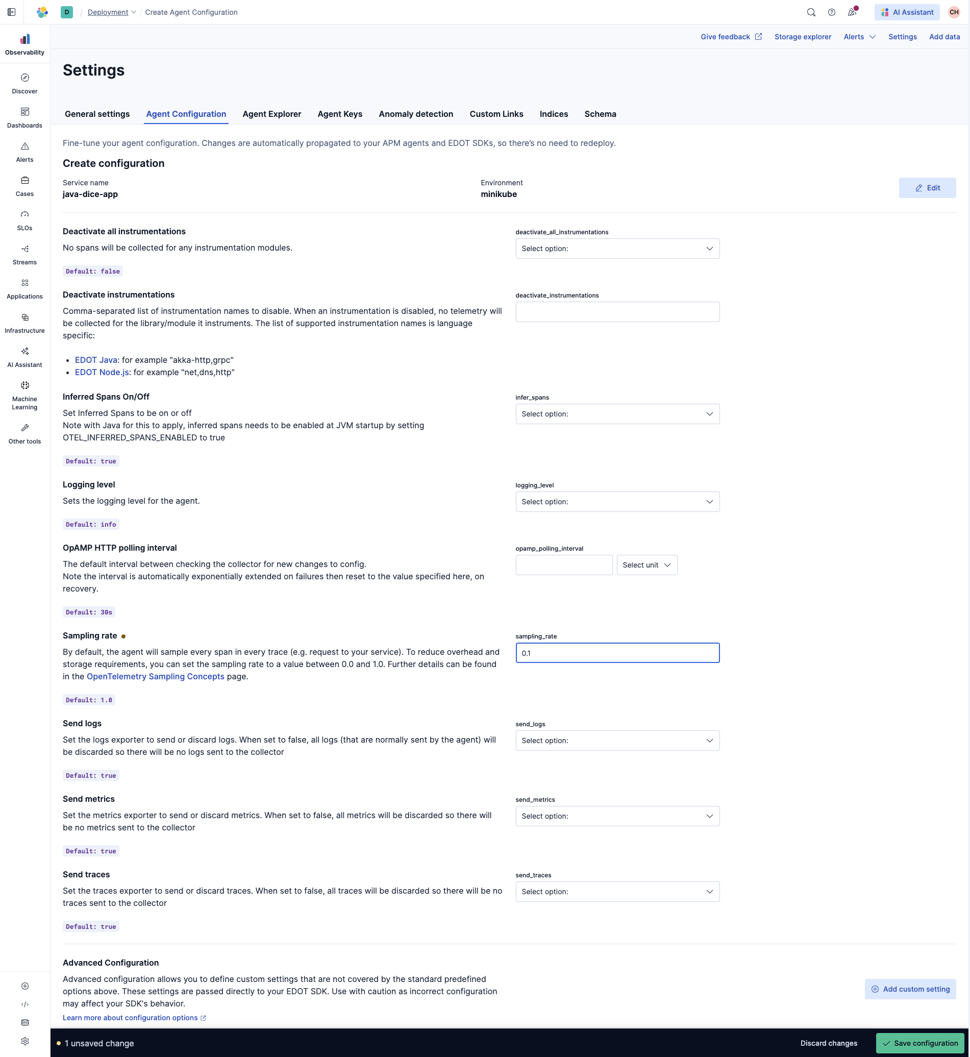 Set the sampling rate of EDOT Java SDK in Kibana