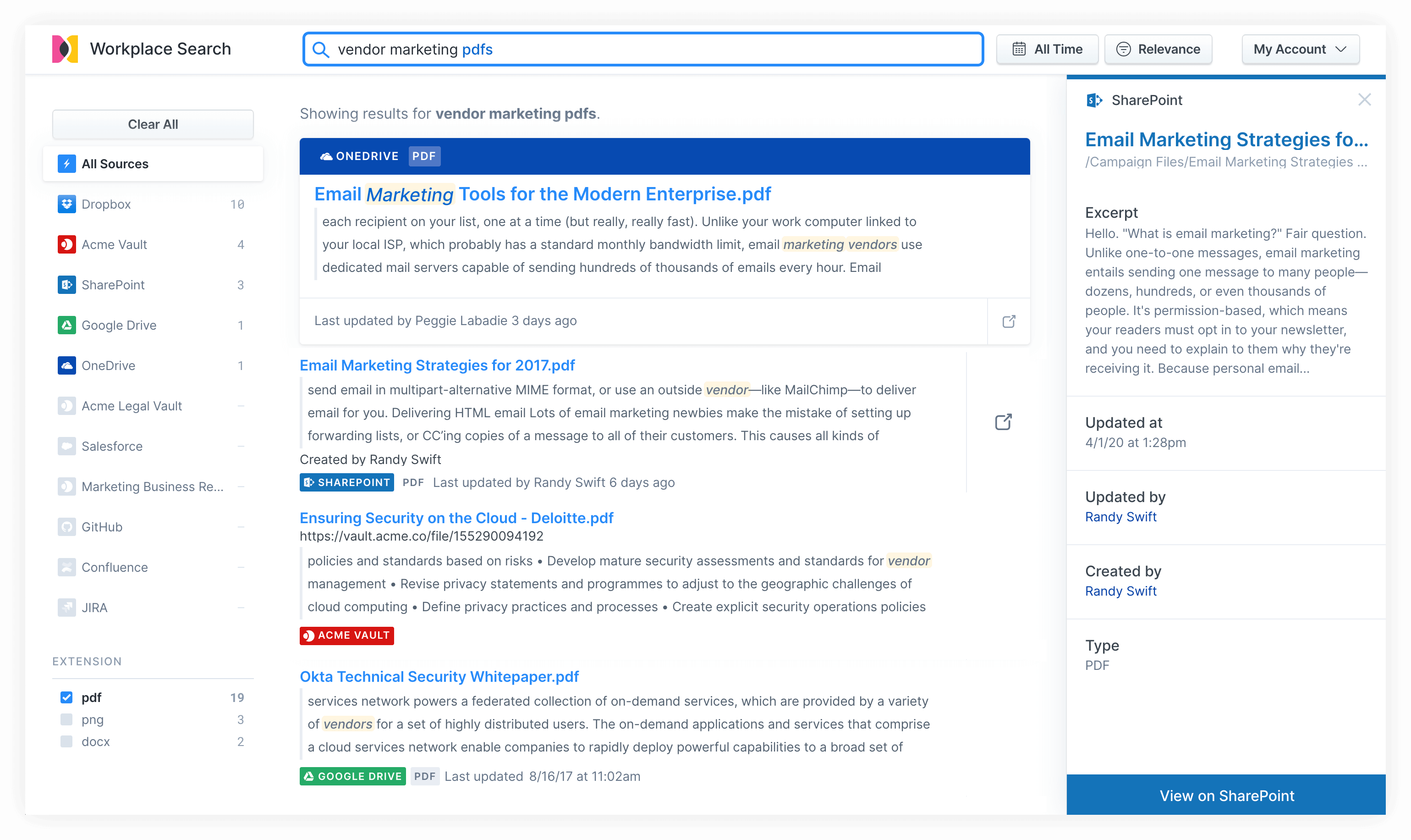 Ejemplo de búsqueda y resultados de Workplace Search