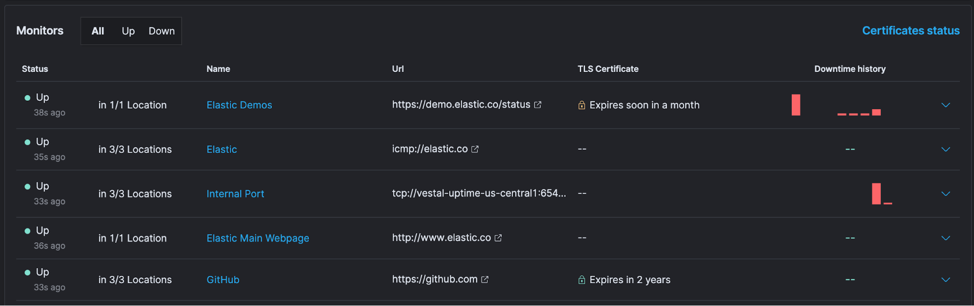 Drilling into monitors in Elastic Uptime