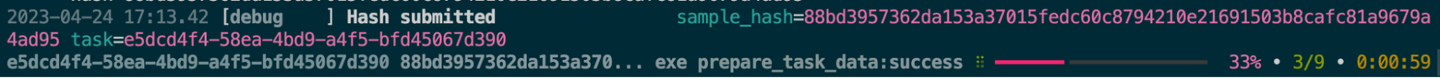 An example of the output from the CLI tool once a hash is submitted. It shows the hash, the task ID, and where along the pipeline the process is as well as the last worker status.