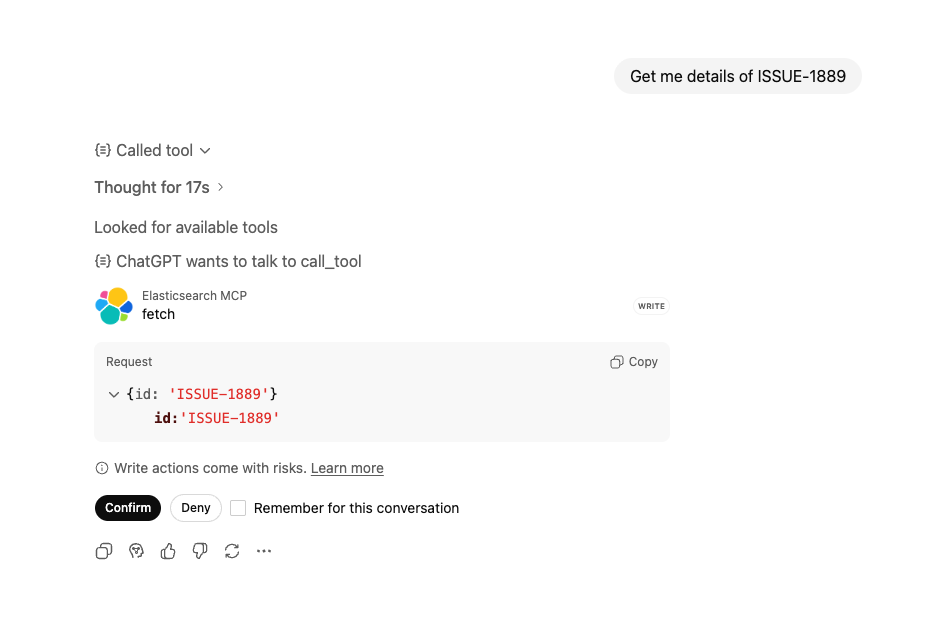 ChatGPT 识别到您需要有关特定问题的详细信息,并调用 fetch 工具,在对该工具采取任何行动前与用户确认。