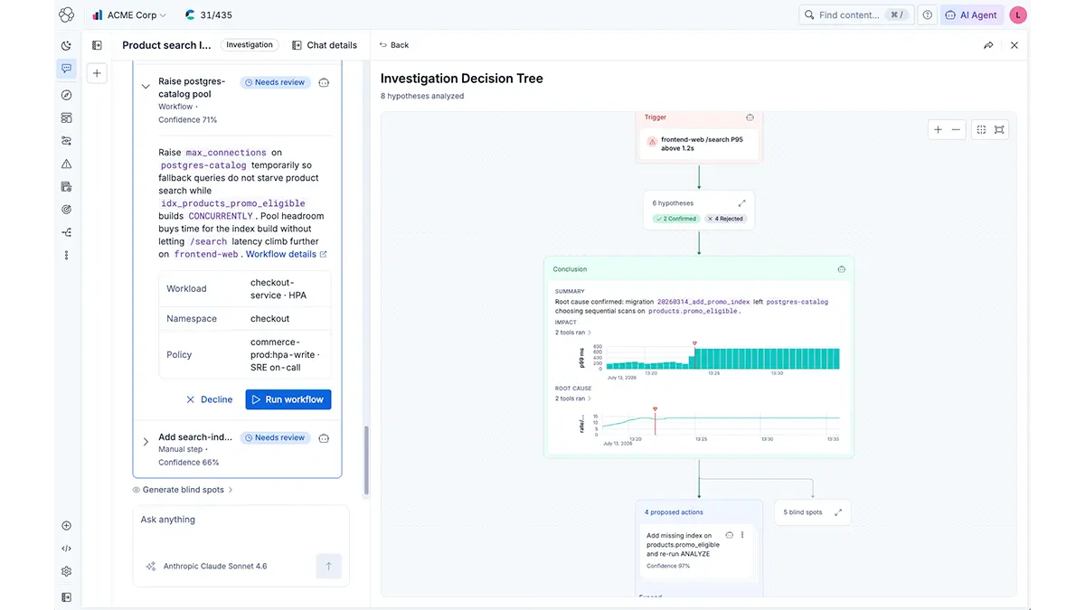 Hundreds of out-of-the-box connectors enable remediation across your existing stack — with closed-loop execution that confirms issues are eradicated and systems restored. Human-in-the loop by default.