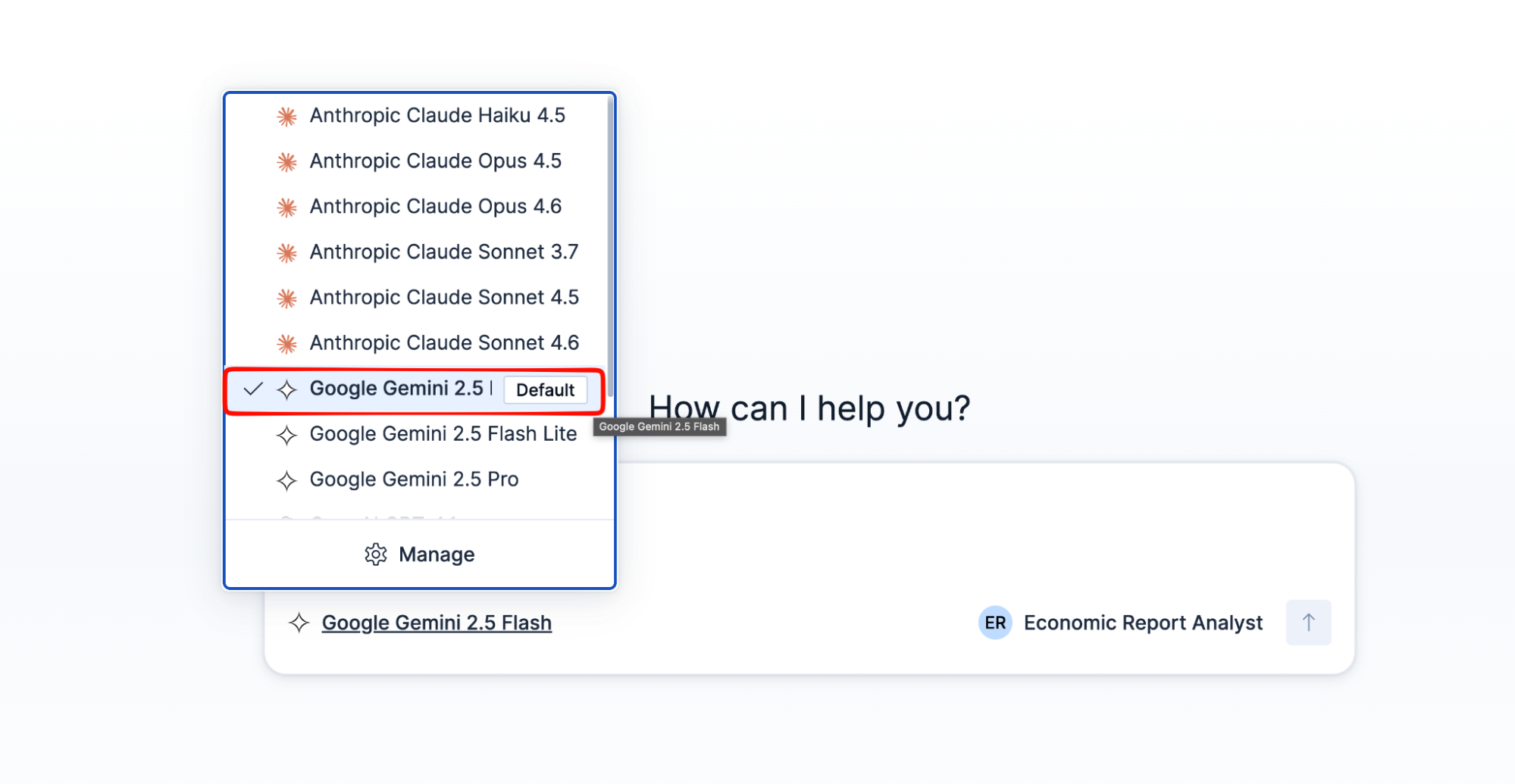 Dropdown menu, showing Anthropic Claude and Google Gemini model options, with the focus on Google Gemini 2.5 marked as Default.