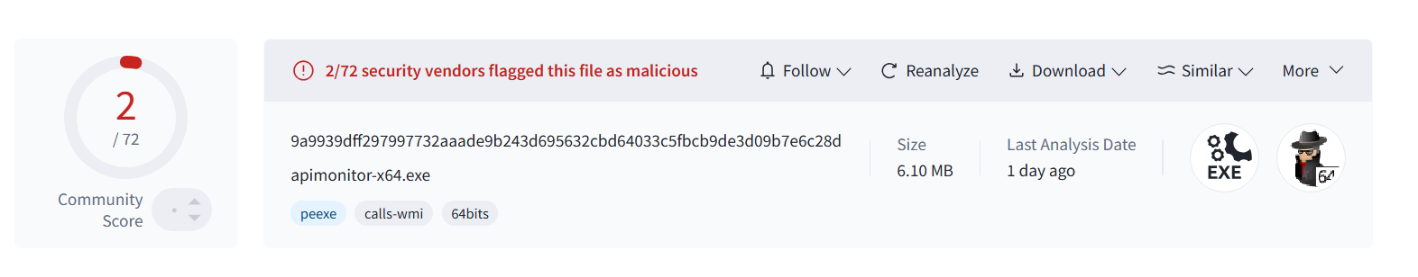VirusTotal showing small number of detections