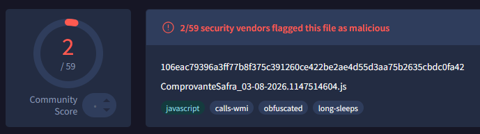 VirusTotal detection for ComprovanteSafra_03-08-2026.js, a KREMLIN JavaScript loader posing as a bank receipt