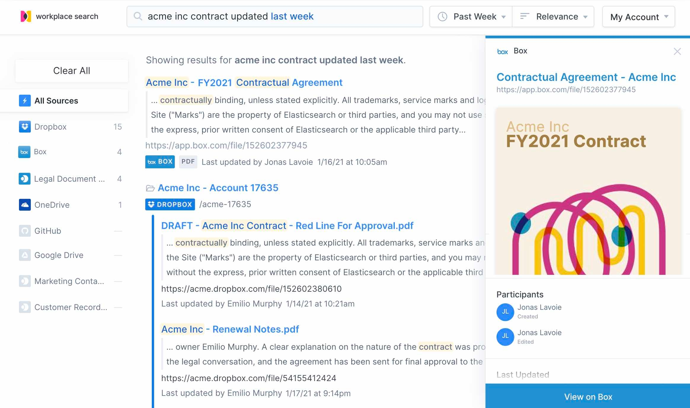 Workplace Search 결과 화면, 이제 Box를 콘텐츠 소스로 사용