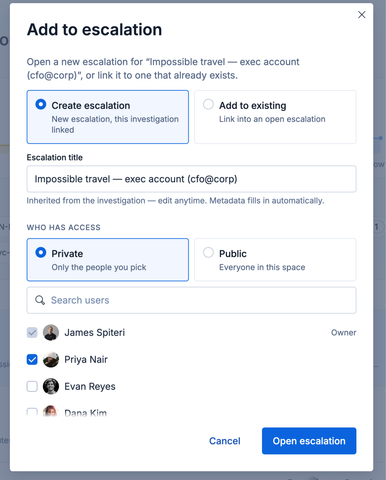 AlertZero escalation dialog linking an investigation and choosing teammates for coordinated response