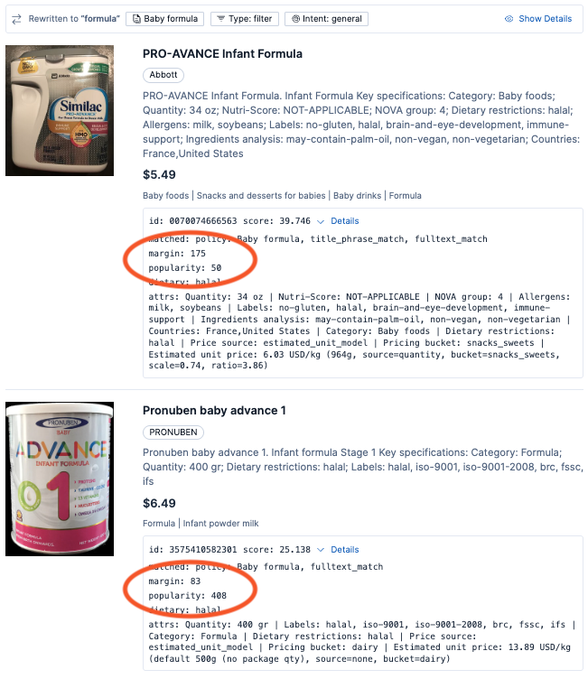 A data interface shows two infant formula products, with pricing, product details, and metadata, with a focus on the margin and popularity fields for both products.