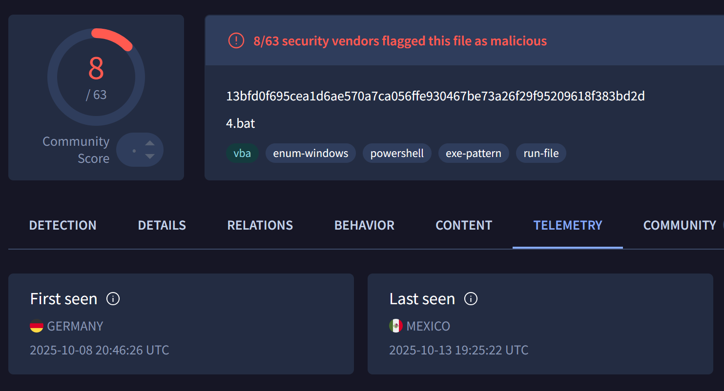 VirusTotal scan showing 8 of 63 vendors flagging an early version of SCMBANKER's run.vbs launcher script