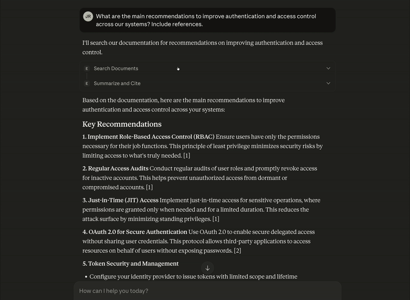 Claude 桌面聊天页面,包含滚动文本,其中包括每个工具对问题“在我们的系统中改进身份验证和访问控制的主要建议是什么?附上参考文献。”的响应。