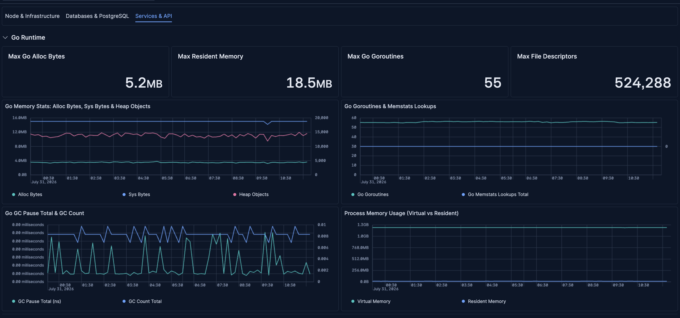 Supabase Services and API dashboard in Kibana showing Auth, PostgREST, Realtime, and Go runtime metrics