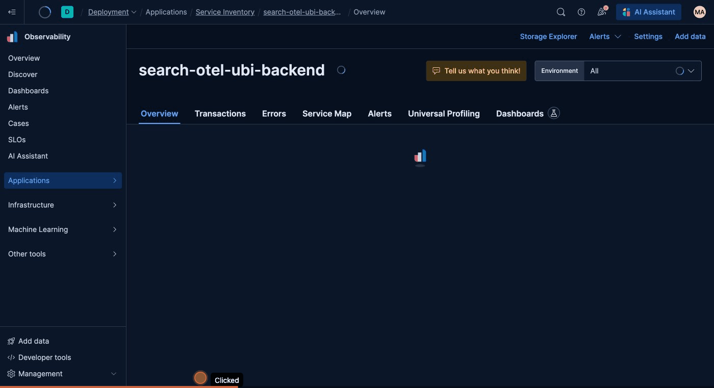  Elastic APM service overview page for an OpenTelemetry-instrumented search API showing Overview, Transactions and Errors tabs