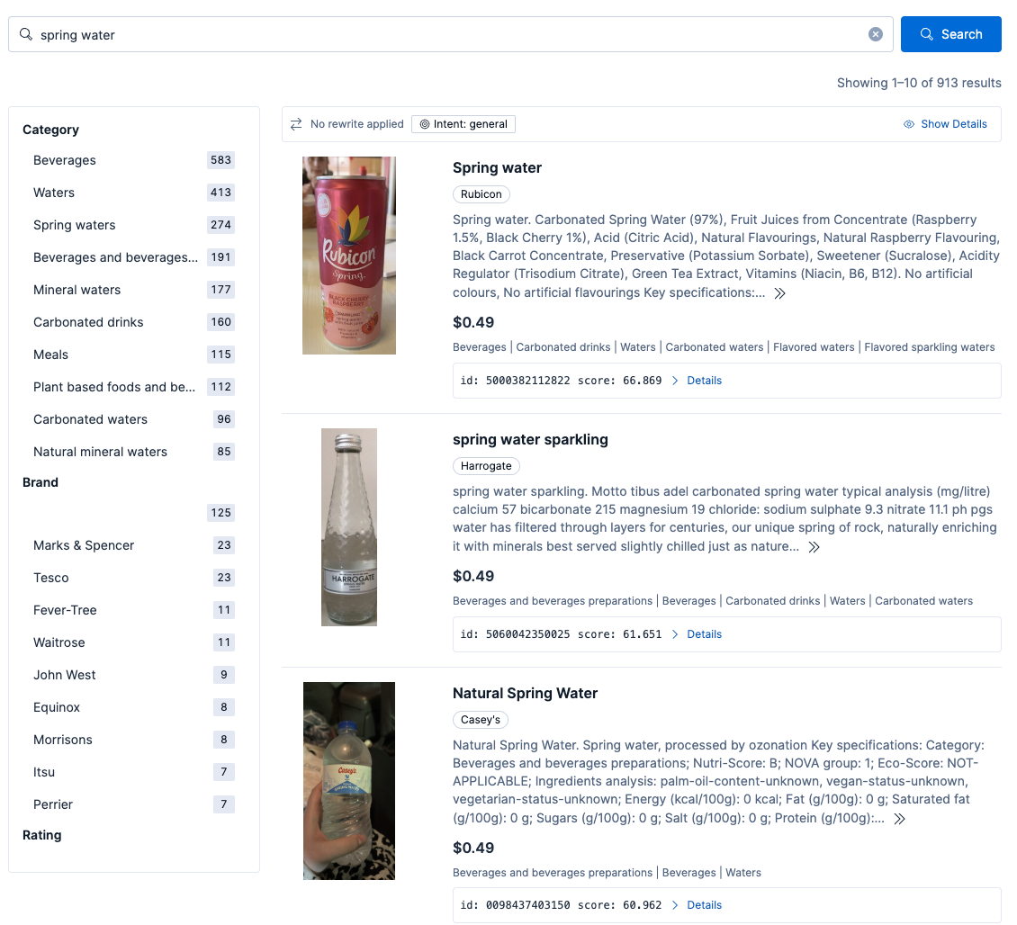 一个网页显示“spring water”的搜索结果,包含搜索框、类别和品牌筛选器,以及三个带有品牌、成分和价格等详细信息的产品列表。