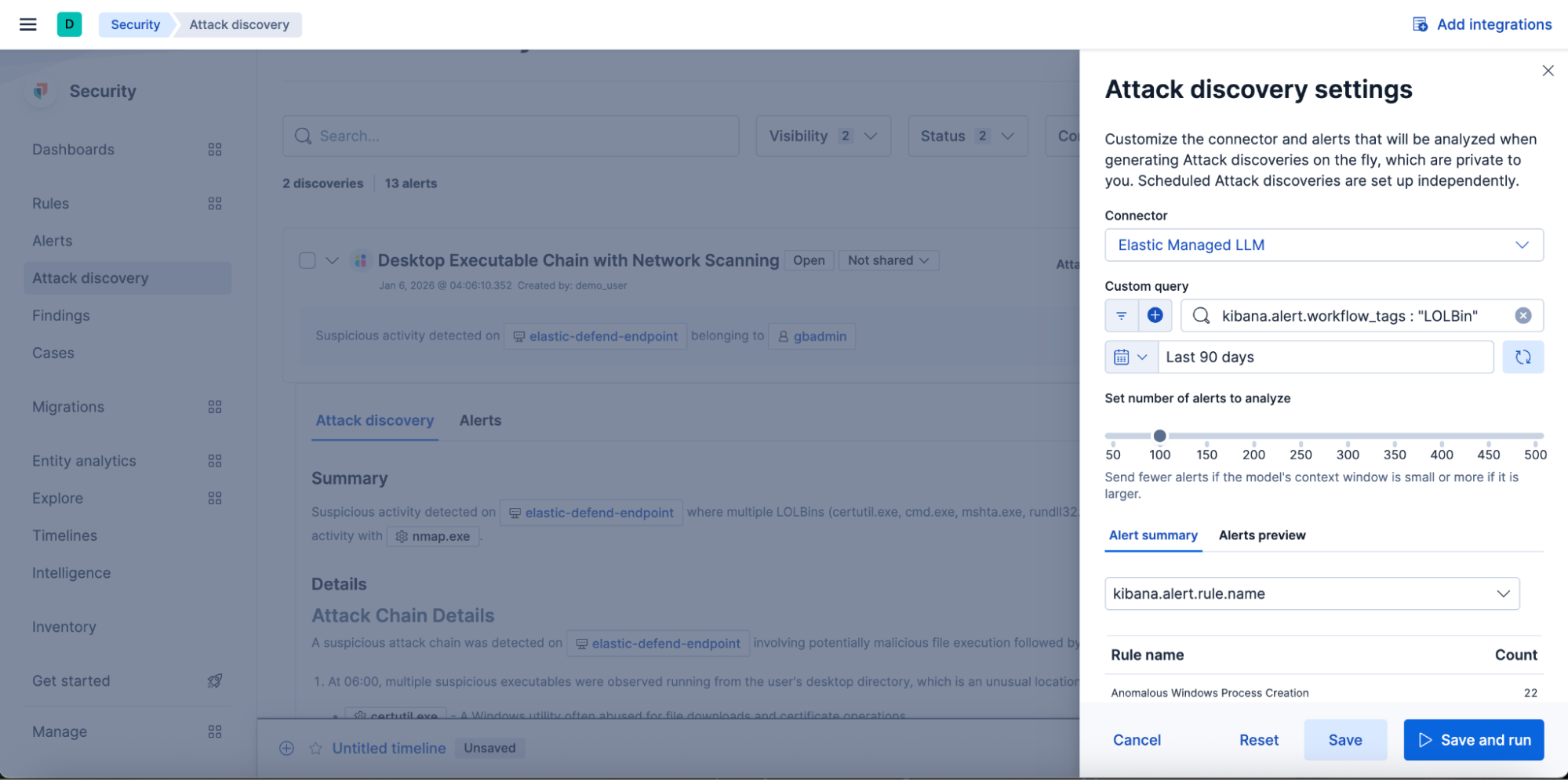 Running Attack Discovery on a curated group of LOLBin hunting alerts