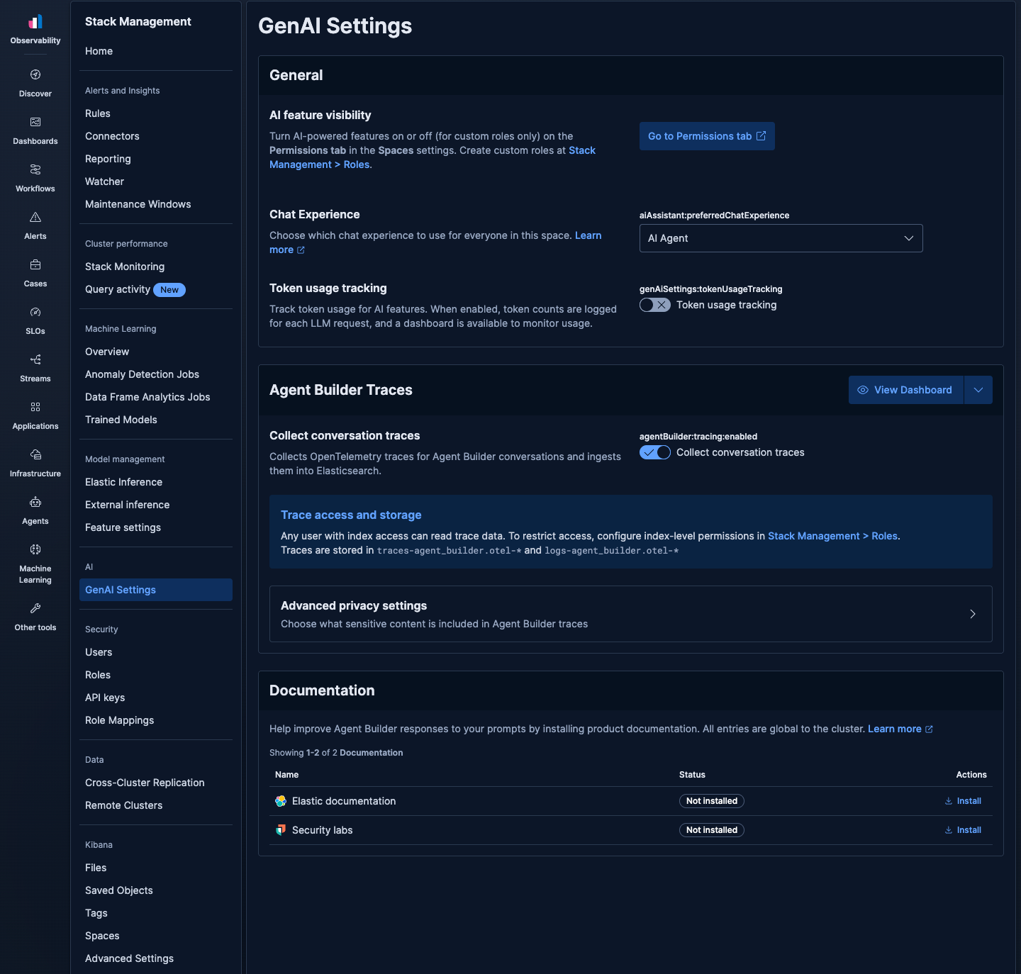 Agent Builder Traces section in GenAI Settings with Collect conversa