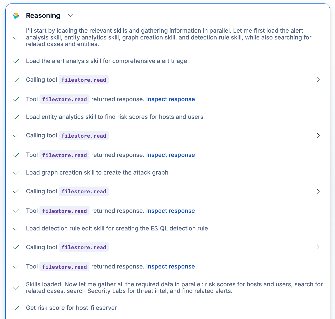 Agent reasoning steps loading in multiple skills based on the user’s request.