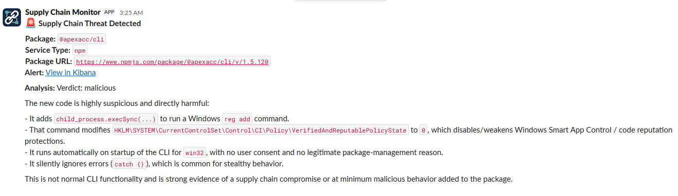 Slack alert from Elastic’s supply chain monitor flagging @apexacc/cli as a malicious npm package