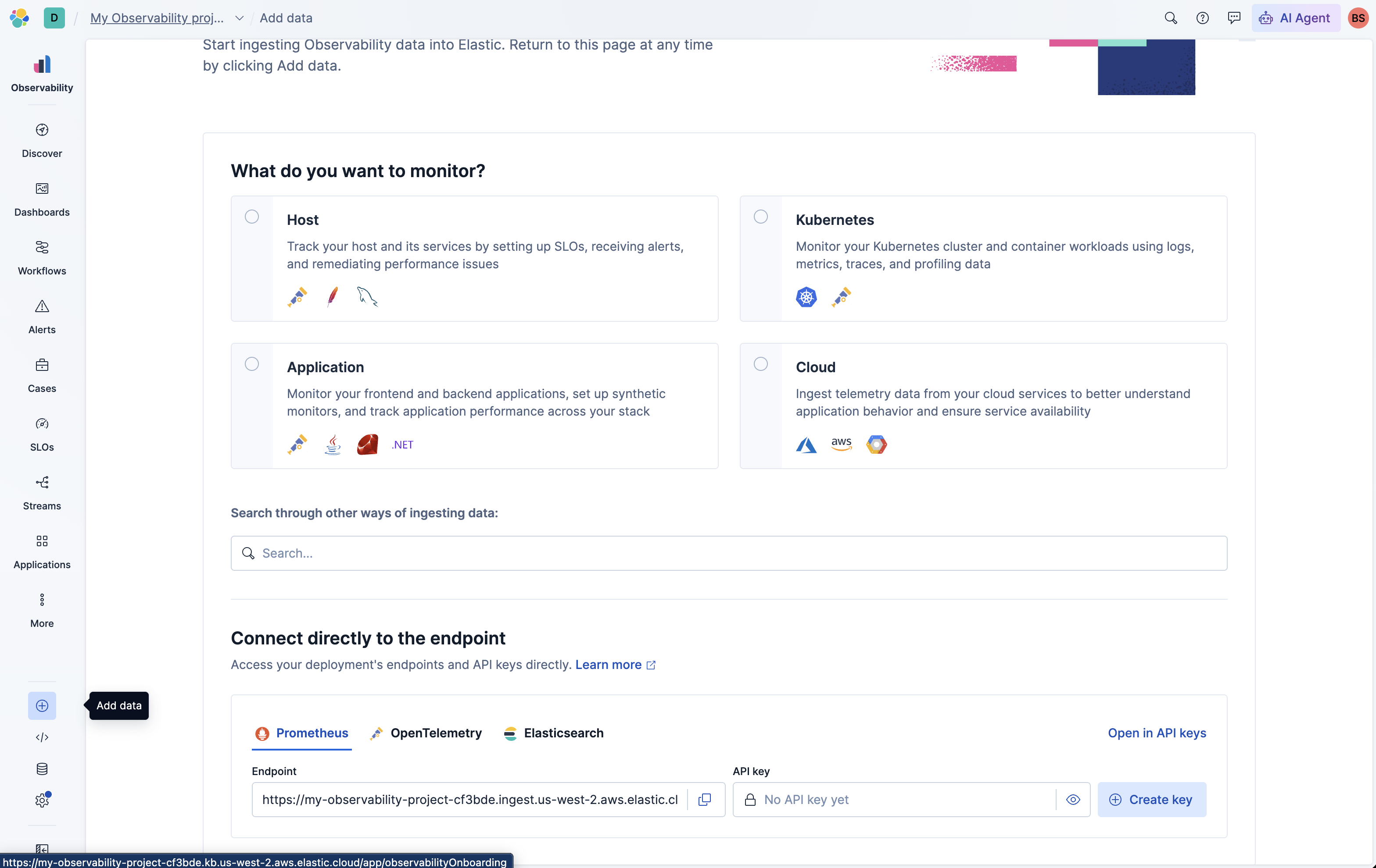 Add data page in Elastic Observability