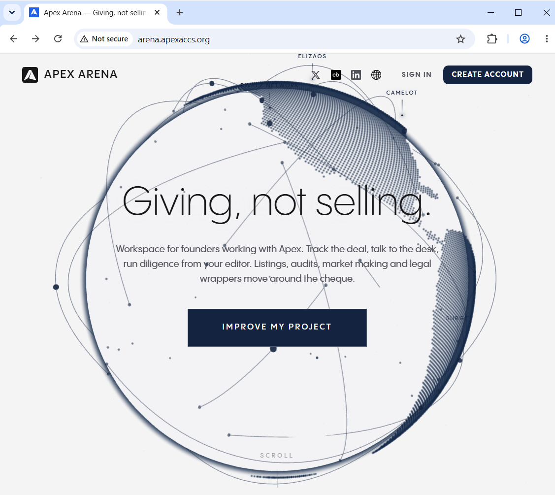 Apex Arena homepage, the fake Web3 accelerator front used to recruit cryptocurrency founders