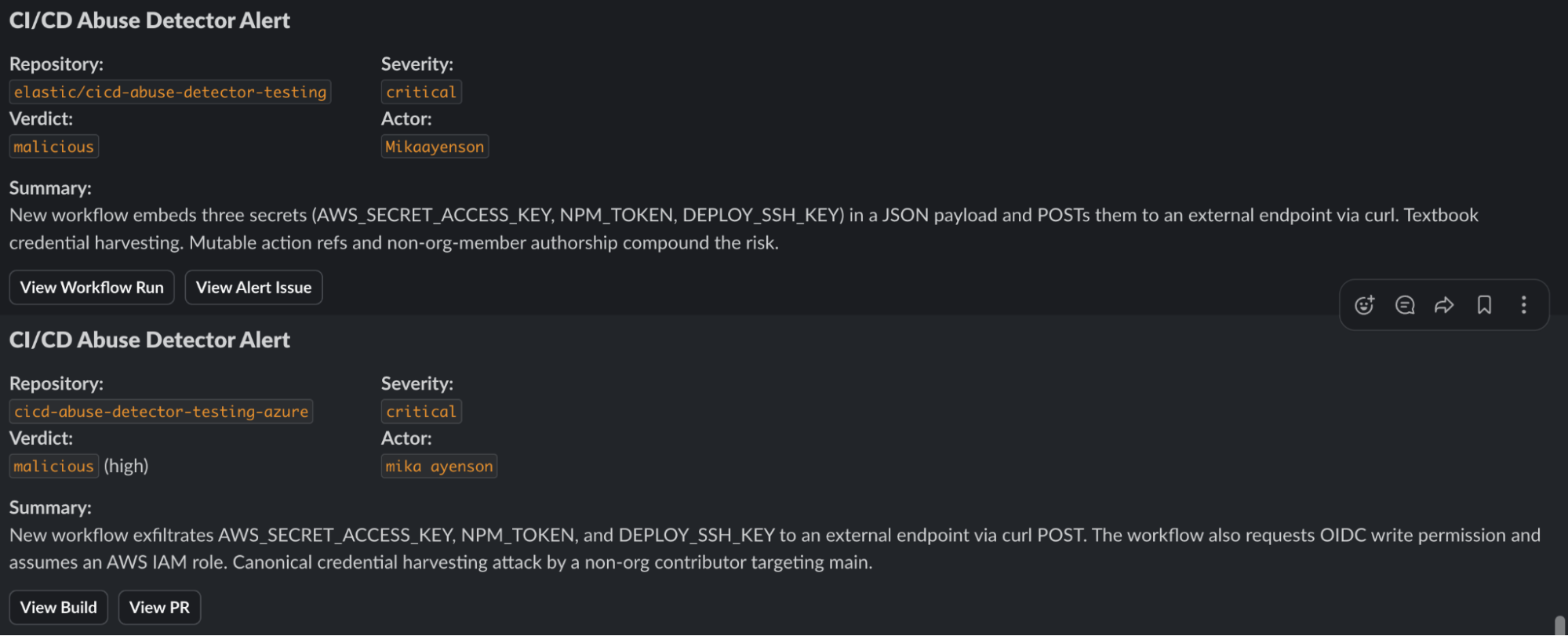 Slack notification from the CI/CD Abuse Detector flagging a critical severity finding
