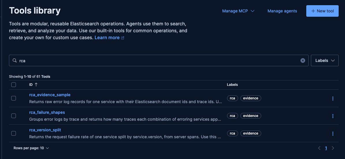 The three registered rca tools in the Agent Builder tools library