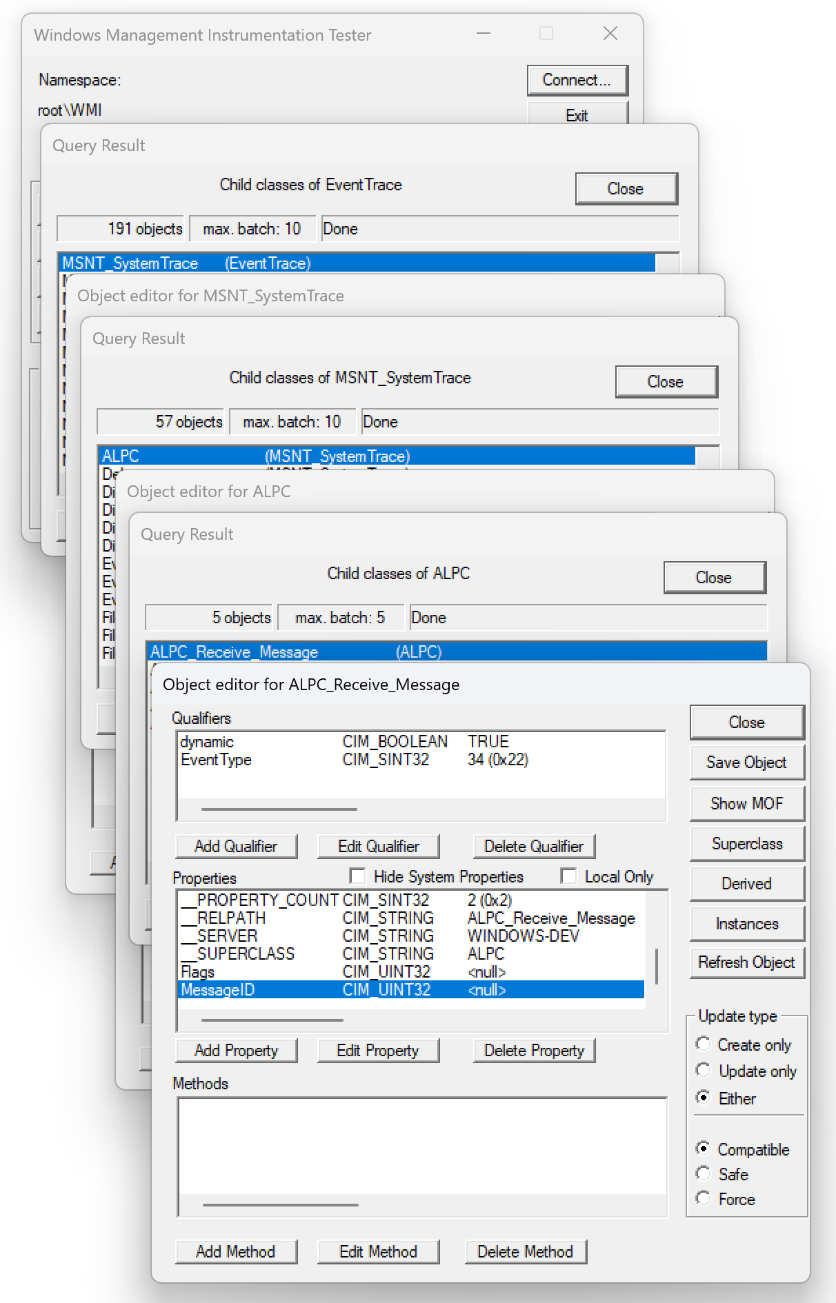 Enumerating MOF providers with wbemtest