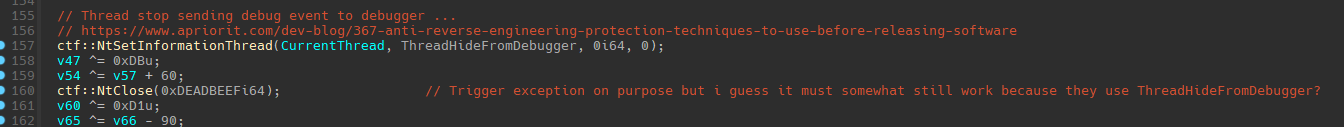 TELEPUZ ThreadHideFromDebugger anti-debugging technique triggering exception to detect debugger presence