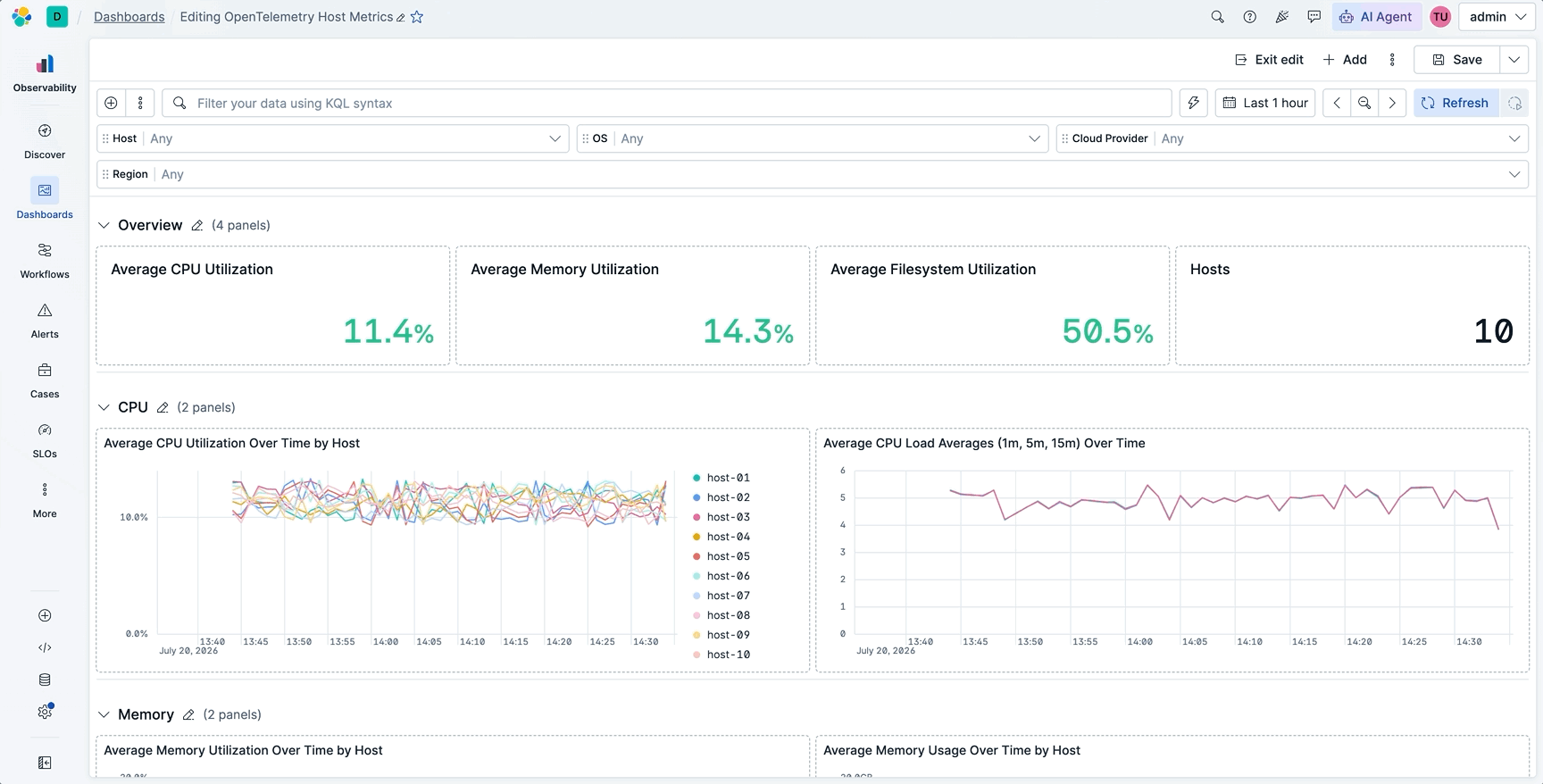 Kibana dashboard in edit mode with Host, OS, Cloud Provider and Region controls populated by ES|QL queries