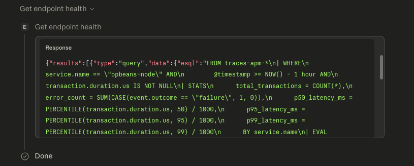 Agent calls get_endpoint_health and returns latency percentiles, error rate, and throughput