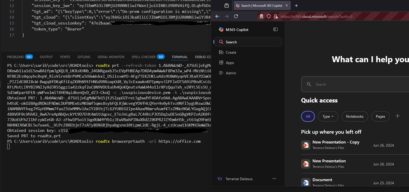 Figure 11: Accessing M365 Copilot with PRT via “browserprtauth” command