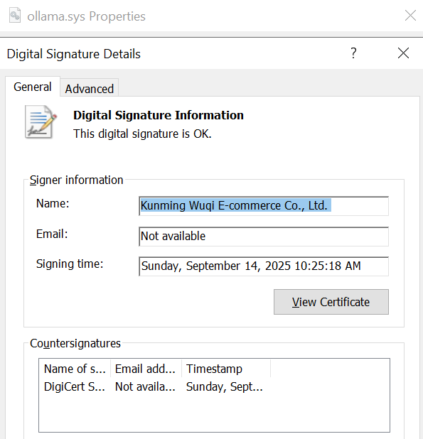 Digital signature of the driver