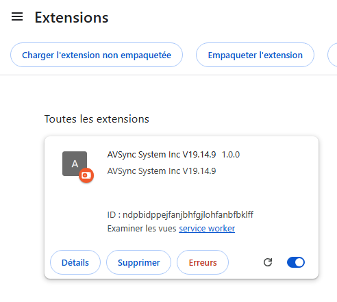 Malicious browser extension installed in Chrome, masquerading as AVSync System Inc with developer mode on
